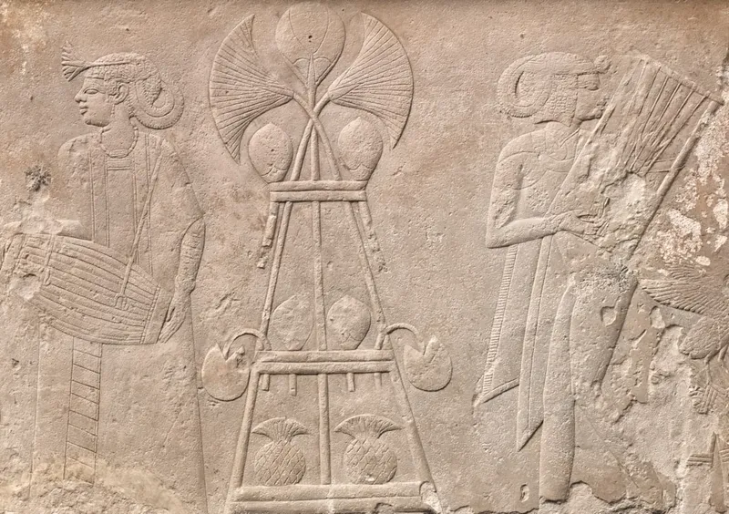 Fragment of a Lintel: Hapiu's Female Musicians 380–343 BCE Egypt, Late period (715–332 BCE), Dynasty 30 Limestone